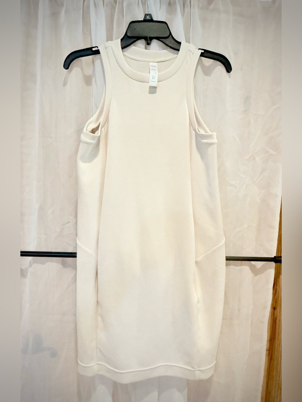 Sleeveless Cream Midi Shift Dress with Cutout Shoulder Detail